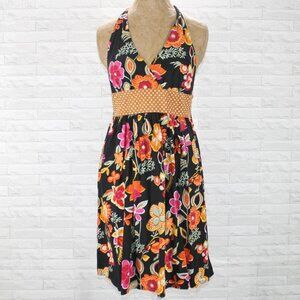 FIRE LOS ANGELES Dress Halter Backless Tropical Floral Polka Dot Orange Black M